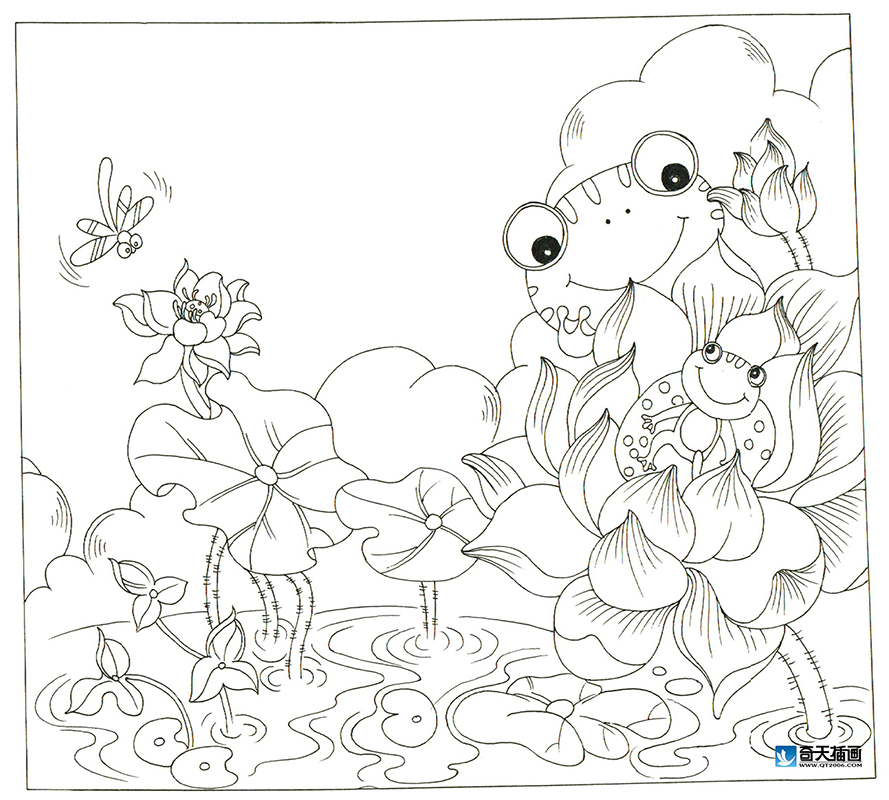 奇天CG學院,手繪插畫,池塘里的小蜻蛙